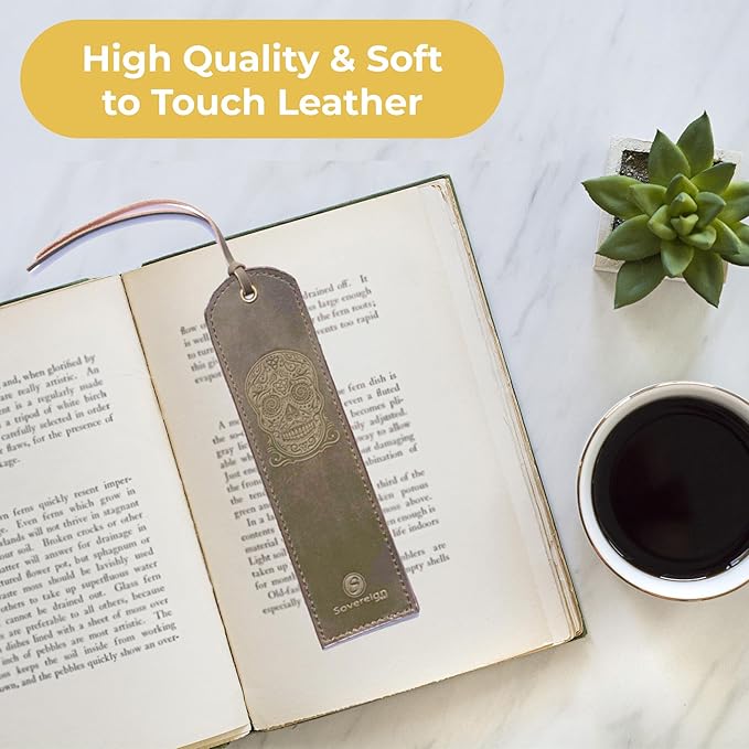 Leather Bookmark Handmade with Sugar Skull Heart Design - 2 Genuine Leather Book Marks for Reading - Unique Bookmarks for Men Women Girls | Gothic Book Lover Gifts for Bookworms Relatives and Friends