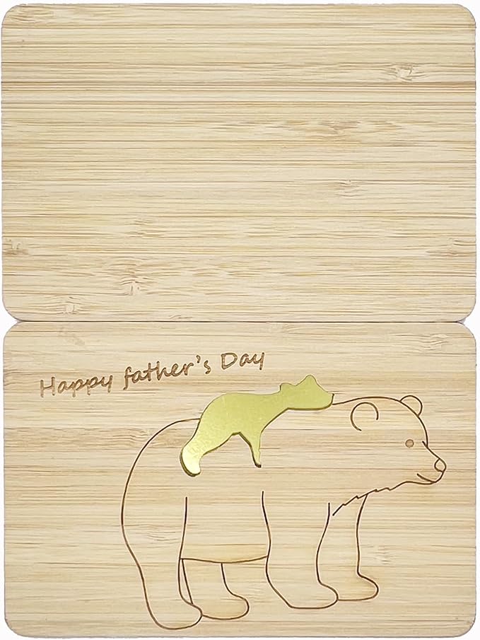 Fathers Day Cards,Handmade Bamboo Greeting Cards,Wooden Thankyou Card,Father's day Card for Dad,Bear dad