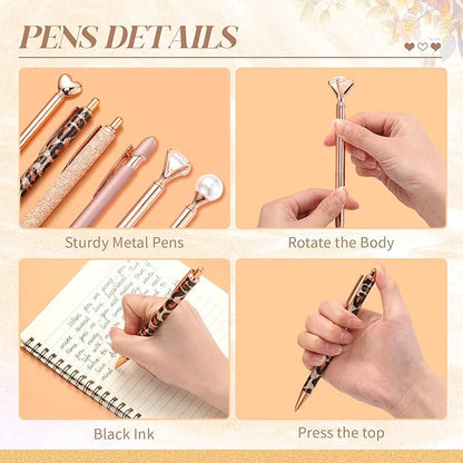 6 Pcs Ballpoint Pens Set Metal Crystal Diamond Pen for Journaling Glitter Pretty Cute Stationery Black Ink Fancy Gifts for Women Girls Teacher Office Wedding School Supplies(Rose Gold Series)