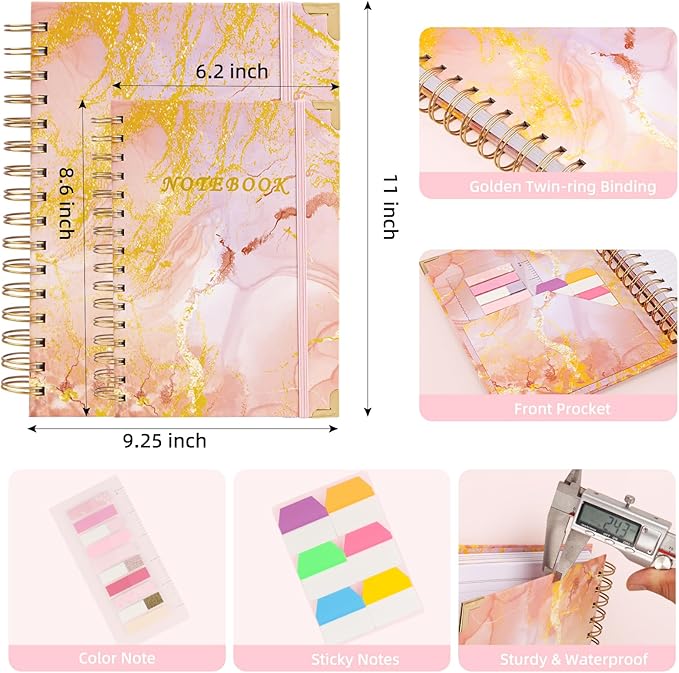 A4 Spiral Notebooks for Work, 300 Pages Lined Spiral Journal Notebook, 5 Subject College Ruled Journals for Writing, 11”x9.25''Journaling Notebooks for School Office Supplies (Pink Marble)
