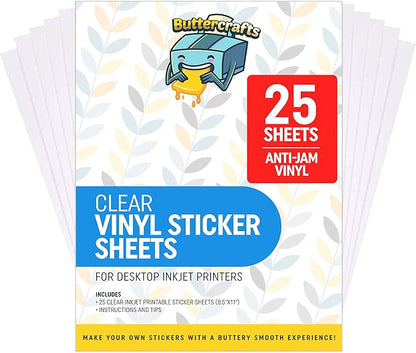 Clear Printable Vinyl for Inkjet Printer - For Epson - (Clear Sticker Paper | Waterproof | 25 Sheets) - Transparent Inkjet Printable Vinyl Sticker Paper Avoid Jams for Printers