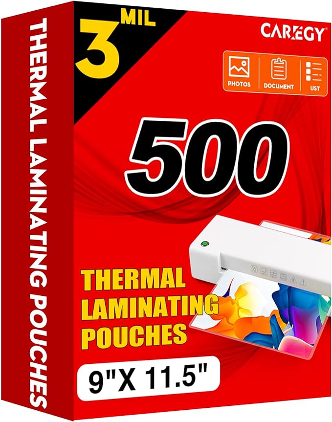 CAREGY 500 Pack Laminating Sheets,Thermal Laminating Pouches, 3 Mil, 9 x 11.5 Inches Lamination Sheet Paper for Laminator, Round Corner Letter Size