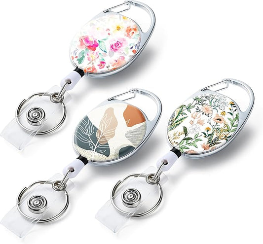 3 Pack Badge Reels Retractable，Double Sided Color Print Pattern Retractable Badge Holders，with Retractable Keychain, Badge Clip and Key Ring，Durable Nylon Retractable Rope