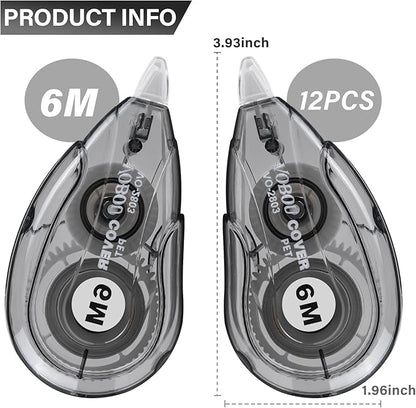 White Correction Tape, Easy To Use Applicator for Instant Corrections Wrong Writing At Any Time, For school, Office (Black, 12pack, 6M/256"x 0.2")