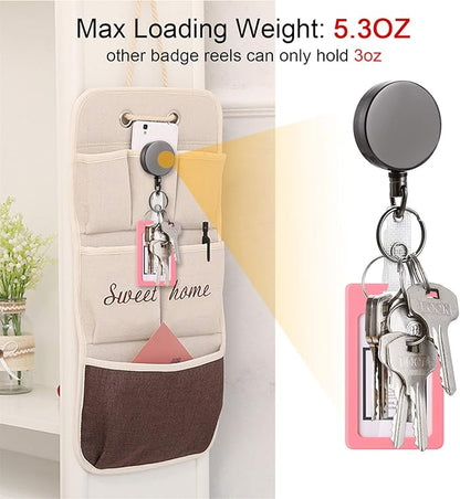 Will Well ID Badge Holder Reel with Clip and Keyring - Heavy-Duty All-Metal Casing with 27.5" UHMWPE Fiber Pull Cord for Durability and Easy Access, Holds up to 8 Keys - 4-Pack, Round, Glossy Black