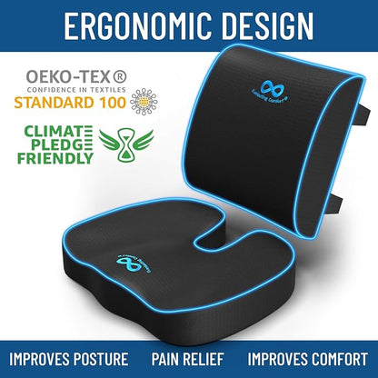 Everlasting Comfort Gel Infused Lumbar Support Pillow & Seat Cushion for Car Combo - Car Seat Cushions for Driving, Work - Ergonomically Designed to Target Sciatica Pain, Back Pain, Tailbone Pain
