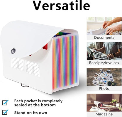 Sooez 24 Pockets Expanding File Folder with Blank Labels, According File Organizer with Expandable Cover, Desktop Accordion Folders Letter A4 Paper Document Storage Organizer, White