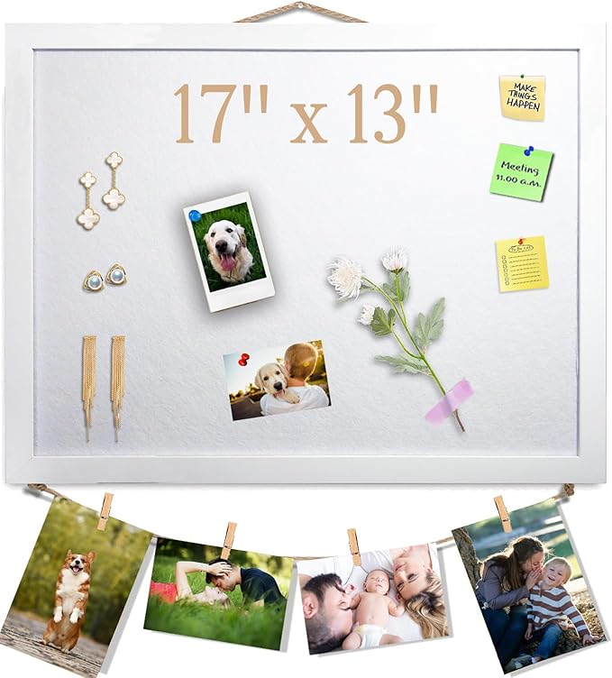 White Bulletin Board Cork Boards Vision Board with Felt, 17"x13" Small Display Pin Board for Walls, Desk, Jewelry, Notes, Collection, Photos, Office, White Framed and Felt Board, 1pc