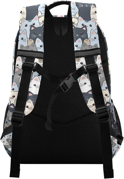 MNSRUU Laptop Backpack with Chest Strap, Cute Cat School Backpack, Travel Hiking Backpack for Boys Girls Teen Adult, Rucksack, Knapsack