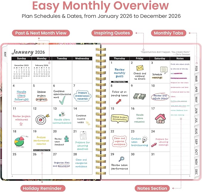 2026 Planner, Weekly and Monthly Planner for Women, January 2026 to December 2026, Pretty Hardcover 2026 Calendar Planner Book with Tabs, Inner Pocket, Spiral Bound, Perfect Office Home School Supplies - 6.3" x 8.5", Heartleaf Garden