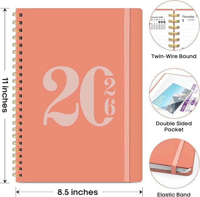 2026 Planner, Weekly and Monthly Calender Planner, Jan 2026 to Dec 2026, Hardcover 2026 Calendar Planner Book with Tabs & Inner Pocket, Office Home School Supplies for Women & Men - A4 (8.5" x 11"), Coral