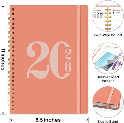 2026 Planner, Weekly and Monthly Calender Planner, Jan 2026 to Dec 2026, Hardcover 2026 Calendar Planner Book with Tabs & Inner Pocket, Office Home School Supplies for Women & Men - A4 (8.5" x 11"), Coral