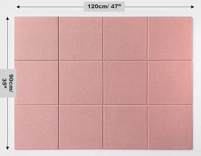 Large Cork Board Alternative - 47"x35" 12 Pack Felt Wall Tiles with Safe Removable Adhesive Tabs, Cork Wall Tiles Cork Board for Home Office Pin Board Tack Board 48 x 36 - Pink