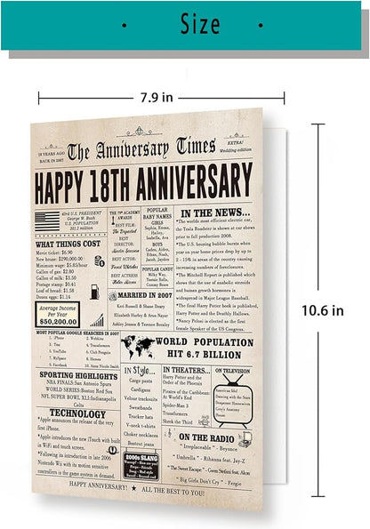 Jumbo 18th Anniversary Card for Him Her, Retro 18 Year Anniversary Card Gift for Couple, Sweet 18 Wedding Anniversary Cards for Wife Husband, Best 18 Aday Gifts Idea for Parent