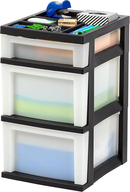 IRIS 3 Drawer Storage Cart - Plastic Organizer for Classroom Supplies, Art Supplies, Small Parts, Pearl/Black