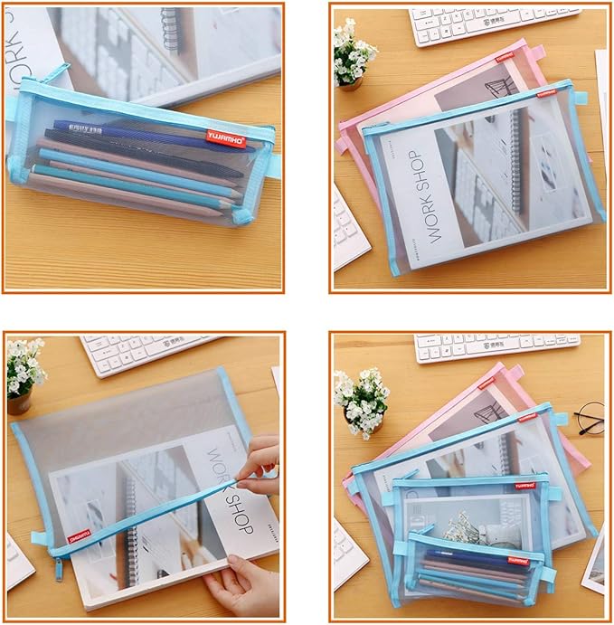 Pendancy Mesh Zipper Pouch 5pcs Lightweight Nylon File Folders Document Organizer Cosmetic Bags Accessories Storage for Travel and Office Supplies (Blue, A4 A5 A6)