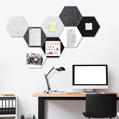 12" Large Bulletin Board with 30 Push Pins, Pack of 8 Hexagon Felt Pin Board Notice Boards for Home Office Kitchen, Felt Wall Tiles for Photos Memos