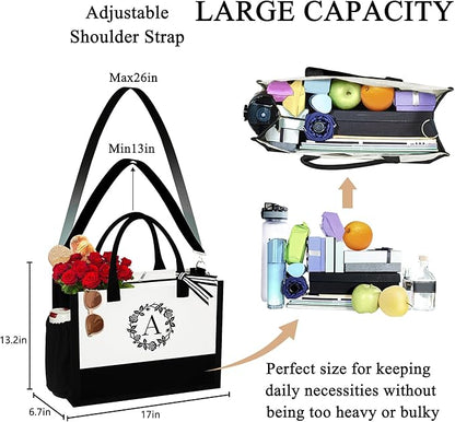 YOOLIFE Personalized Gifts for Women, Initial Canvas Tote Bag for Women Beach Bag Unique Best Friend Mom Gifts From Daughter Teacher Sister Wife Wedding Gifts Birthday Gifts Graduation Gift for Her L