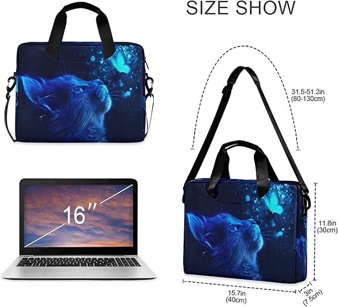 Cat Butterfly Light Blue Laptop Messenger Bag Case Sleeve Briefcase for Men Women