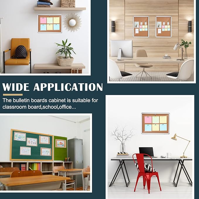 2 Pieces Enclosed Bulletin Board 26 x 20 Inch Lockable Notice Board Case Aluminum Framed Waterproof Noticeboards Cabinet with Mounting Screws for Office School Classroom Wall Display