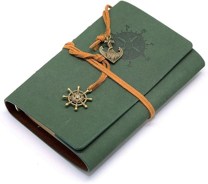 EvZ Leather Writing Journal Notebook, 5 Inches Vintage Nautical Spiral Blank String Diary Notepad Sketchbook Travel to Write in, Unlined Paper, Retro Pendants, Classic Embossed, Dark Green