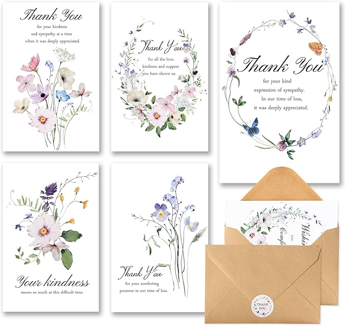 C2U Funeral Thank You Cards with Envelopes(20 Pack 4"x6"),Stickers & Message Inside - Wildflower Bereavement Sympathy Thank You Cards for Funeral Family Friends Loved Ones