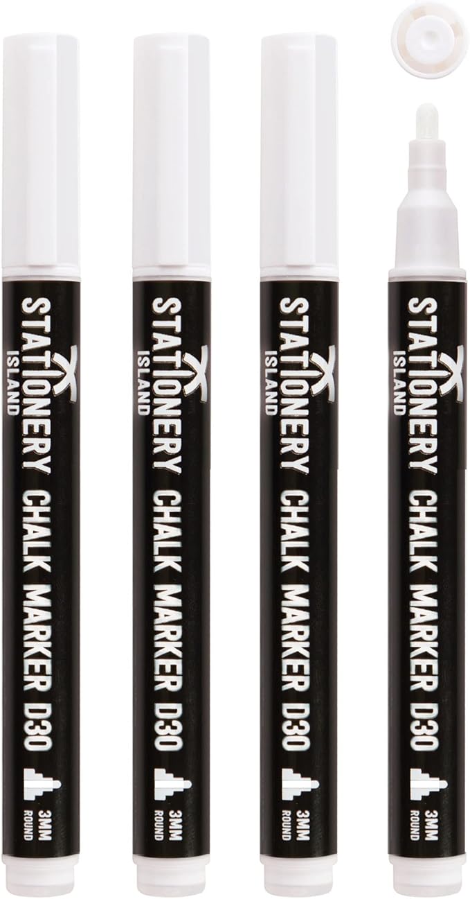 Stationery Island Liquid Chalk Pens White Markers for Blackboards Dry Erase Chalk Marker Pens Wipeable for Chalkboard, Window, Glass, Signs and Mirrors - 3mm Fine Bullet Nibs (White Pack of 4)