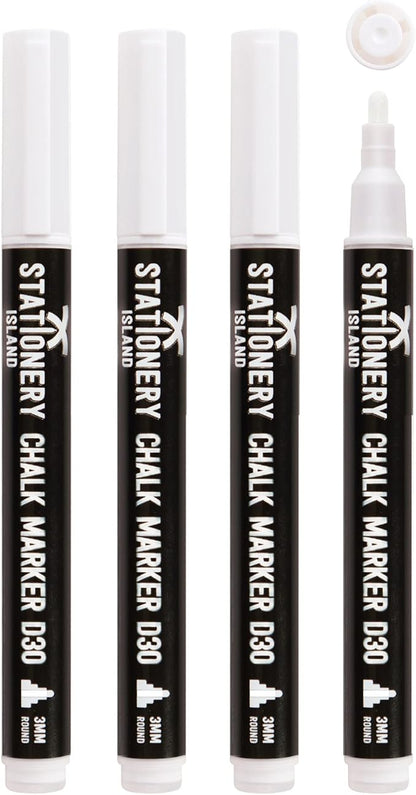 Stationery Island Liquid Chalk Pens White Markers for Blackboards Dry Erase Chalk Marker Pens Wipeable for Chalkboard, Window, Glass, Signs and Mirrors - 3mm Fine Bullet Nibs (White Pack of 4)