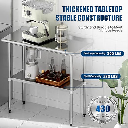 Stainless Steel Table 18 x 36 Inches Metal Prep Table with Backsplash & Adjustable Undershelf for Commercial Kitchen, Outdoor, Restaurant, Hotel & Garage