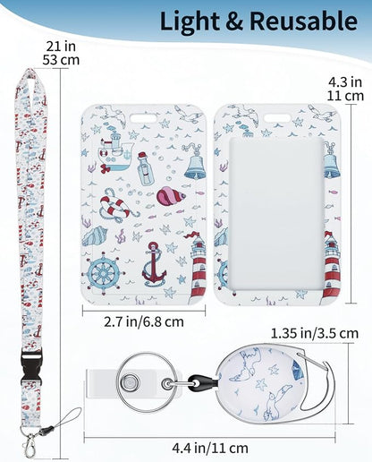 Uniclife Fashionable Sliding Badge Holder Cruise Pattern Plastic Case with Retractable Badge Reel Carabiner Clip & Detachable Lanyard Strap Vertical Card Protector for Women Nurse Teacher Student