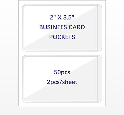Clear Adhesive Business Card Pocket swith Side Open for Loading, 50 Pack, Plastic Labels Holders for Storage Bins and Library Card, Ideal for Organizing and Protecting Your Business Cards