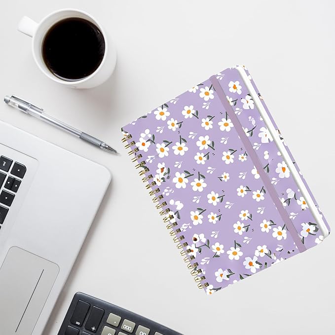 Spiral Notebook - A5 Spiral Notebooks, 8.3'' × 5.8'', 160 Pages, Aesthetic Journaling Notebooks for Women, College Lined Notebook with Elastic Closure, Back Pocket, for School Office, Purple Flower