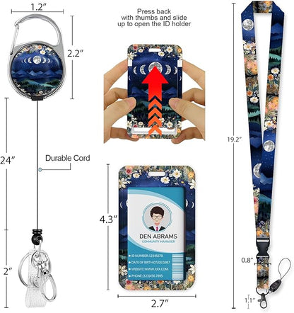Lanyards for Id Badges, Badge Holder with Retractable Reel Clip, Detachable Moon Mountain Flower Night Work Name Tag Lanyard Vertical ID Card Protector for Women Nurse Doctor Teacher Student