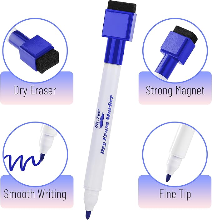 Mr. Pen Magnetic Dry Erase Markers, 12 Pack, Fine Tip, Blue with Eraser Cap