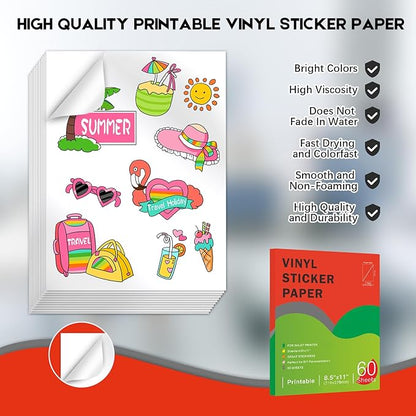 60 Sheets Premium Printable Vinyl Sticker Paper for Inkjet Printers Glossy White 8.5x11 Inch Waterproof & Vibrant Colours Retains Ink Well Tear Resistant Great for Cutting Machines