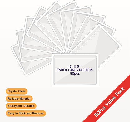 Clear Adhesive 3" x 5" Index Card Pockets with Top Open for Loading, 50 Pack, Plastic Labels Holders for Storage Bins and Library Card, Ideal Card Holder for Organizing and Protecting Your Index Cards