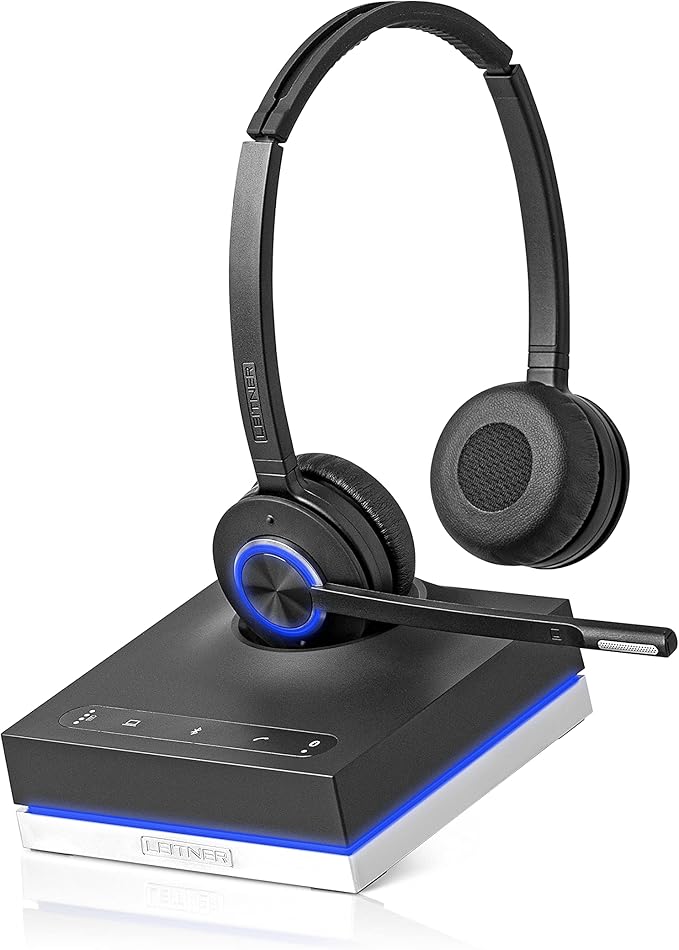 Leitner LH675 3-in-1 Wireless Office Headset with Mic – Wireless DECT Headset for Office Phone, Computer and Cell Phone – 5 Year Warranty – Dual-Ear