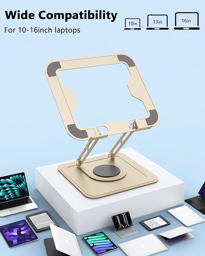 Laptop Stand for Desk,Adjustable Computer Stand with 360 Rotating Base,Ergonomic Laptop Riser Foldable Laptop Mount Protable Computer Stand for Laptop Compatible with MacBook Pro/Air 10-16",Gold