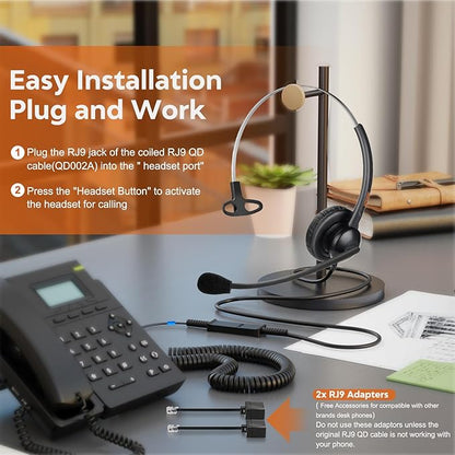 One Ear Wired Office Headset | Single Ear RJ9/RJ11 Call Center Telephone Headset | Noise-Cancelling Mic | Compatible with Landline/IP Phones - Yealink, Sangoma, Grandstream, Akuvox, Escene