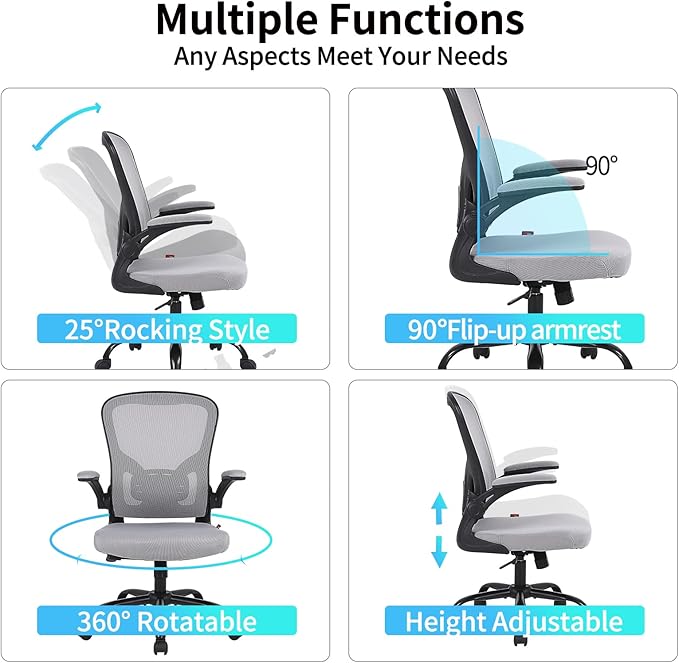 Flysky Ergonomic Office Desk Chair Breathable Mesh Swivel Computer Chair, Lumbar Back Support Task Chair, Grey Office Chairs with Flip-up Arms, Adjustable Height Executive Rolling Chair
