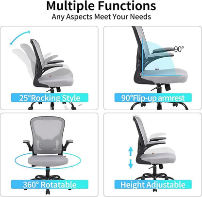 Flysky Ergonomic Office Desk Chair Breathable Mesh Swivel Computer Chair, Lumbar Back Support Task Chair, Grey Office Chairs with Flip-up Arms, Adjustable Height Executive Rolling Chair