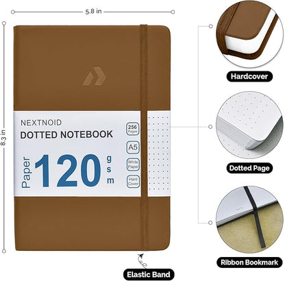 Nextnoid Hardcover Dotted Notebook Journal - 120 GSM Thick Paper, Medium A5(5.7" x 8.3"), 256 Pages - Perfect For Handwriting, Diagrams, Note-Taking and To-Do Lists (Dot, Brown)