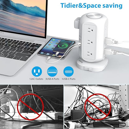 15 ft Long Extension Cord Power Strip Tower,AOFO Surge Protector 12 AC Outlets 4 USB(1 USB C) Ports, Charging Tower Overload Protection with Multiple Outlets for Home Dorm Office