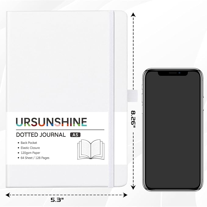 Dotted Journal/Notebook - Dot Grid Hard Cover Notebook, Premium Thick Paper with Fine Inner Pocket, Black Smooth Faux Leather, Pen Loop, 5.3'' x 8.26'' - White