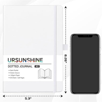 Dotted Journal/Notebook - Dot Grid Hard Cover Notebook, Premium Thick Paper with Fine Inner Pocket, Black Smooth Faux Leather, Pen Loop, 5.3'' x 8.26'' - White