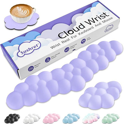 Cloud Wrist Rest Keyboard, Cloud Palm Rest Set with PU Leather Memory Foam, Cute Keyboard Rest for Wrist Support and Arm Rest, Desk Cloud Wrist Pad for PC/Gaming/Hand Cushion/Computer-Purple