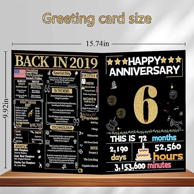 Joycard 6th Anniversary Card for Women Men, Gold Wedding Card for Wife Husband, Sweet Marriage Decorations Gifts for Couple, Perfect for Her Him on Anniversary Day, Back in 2019
