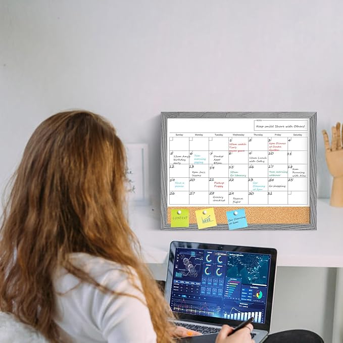 Calendar Whiteboard for Wall, Dry Erase Calendar Whiteboard Cork Board Combo, Magnetic Small White Board, Hanging Dry Erase Board for Kitchen Home Office (Graywashed)