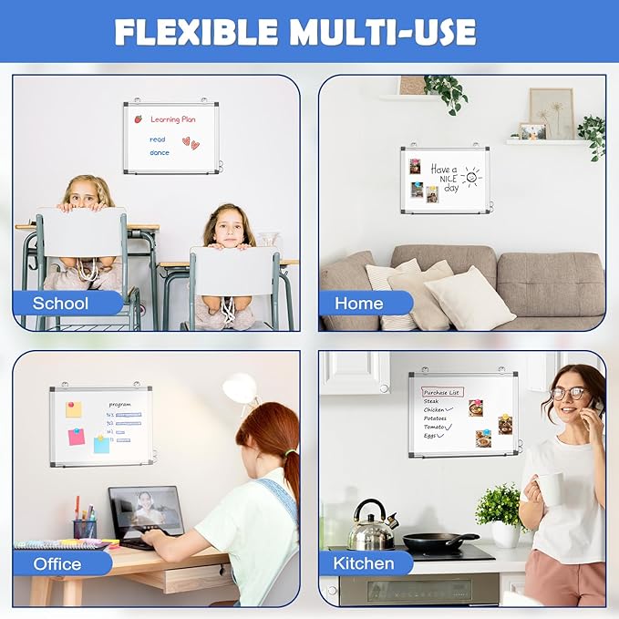 WALGLASS Double-Sided White Board, 16" x 12" Small Dry Erase Board Magnetic Whiteboard for Wall, Hanging Mounted Whiteboard Silver Aluminium Frame for Home, School, Office, Kitchen