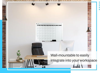 Real Glass Dry Erase Monthly Calendar, Extra Large 24" x 36", Tempered Glass Surface, Frameless Wall Mount, with 4 Assorted Color Markers and Eraser, by Better Office Products (Bright White)